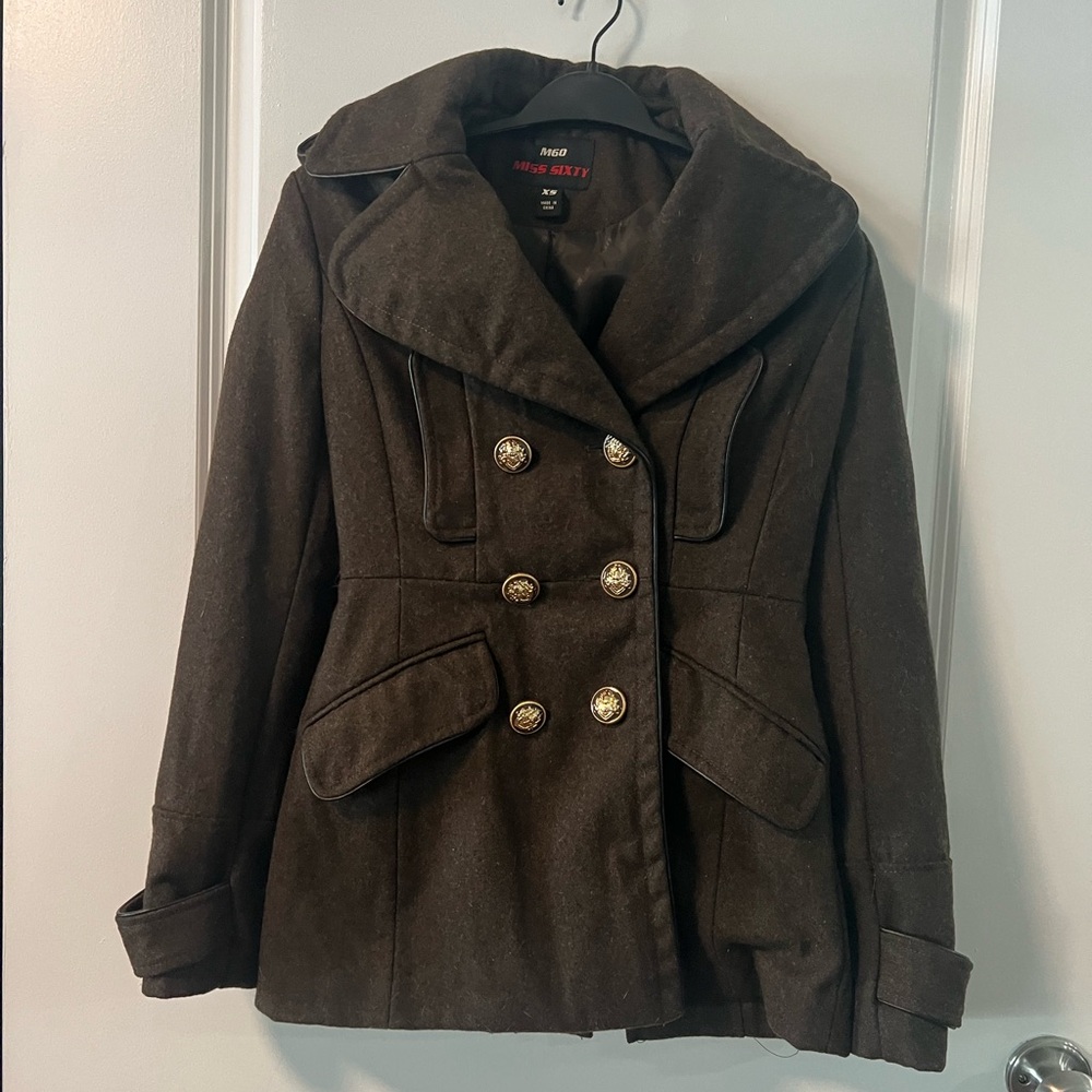 M60 miss sixty Double-Breasted Peacoat Jacket in Dark Brown